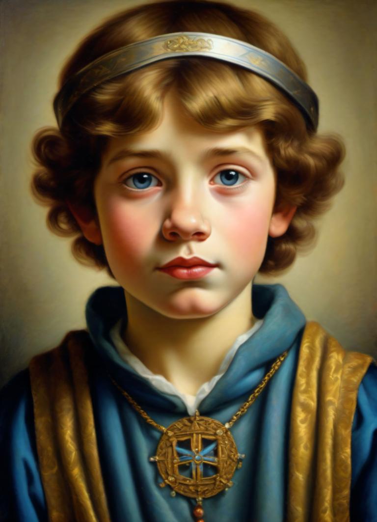 Pastel,Pastel, People, medieval european boy, portrait, solo, jewelry, blue eyes, necklace, realistic