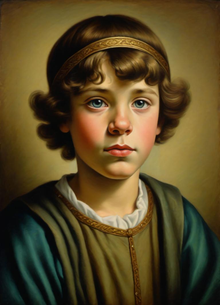 Pastel,Pastel, People, medieval european boy, portrait, solo, realistic, 1girl, brown hair, fine art parody