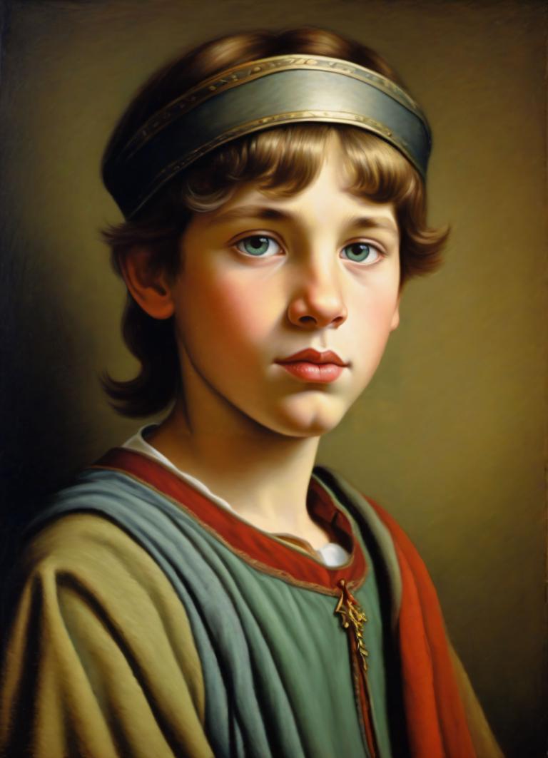 Pastel,Pastel, People, medieval european boy, portrait, solo, realistic, brown hair, fine art parody