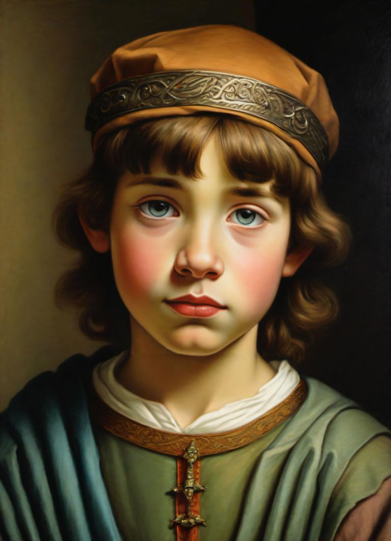 Pastel,Pastel, People, medieval european boy, portrait, solo, brown hair, hat, fine art parody, realistic