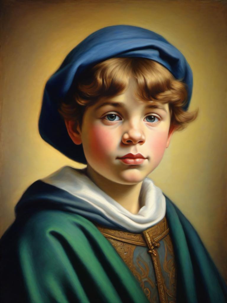 Pastel,Pastel, People, medieval european boy, portrait, solo, hat, male focus, realistic, 1boy, blue eyes