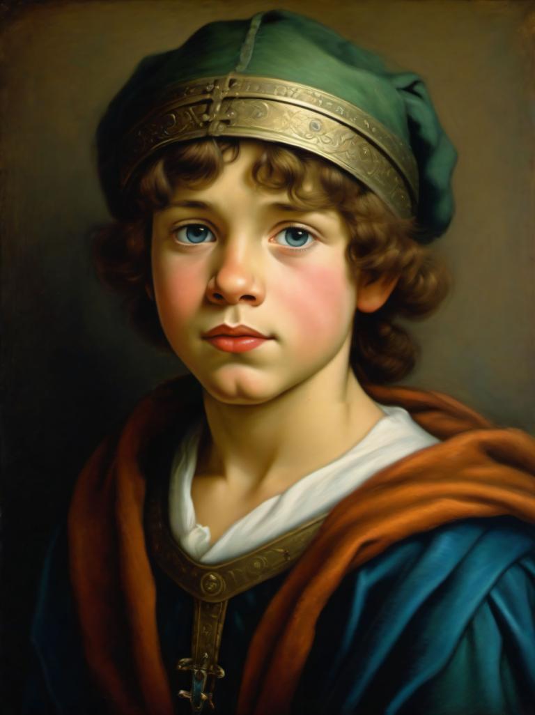 Pastel,Pastel, People, medieval european boy, portrait, solo, blue eyes, 1girl, fine art parody, hat