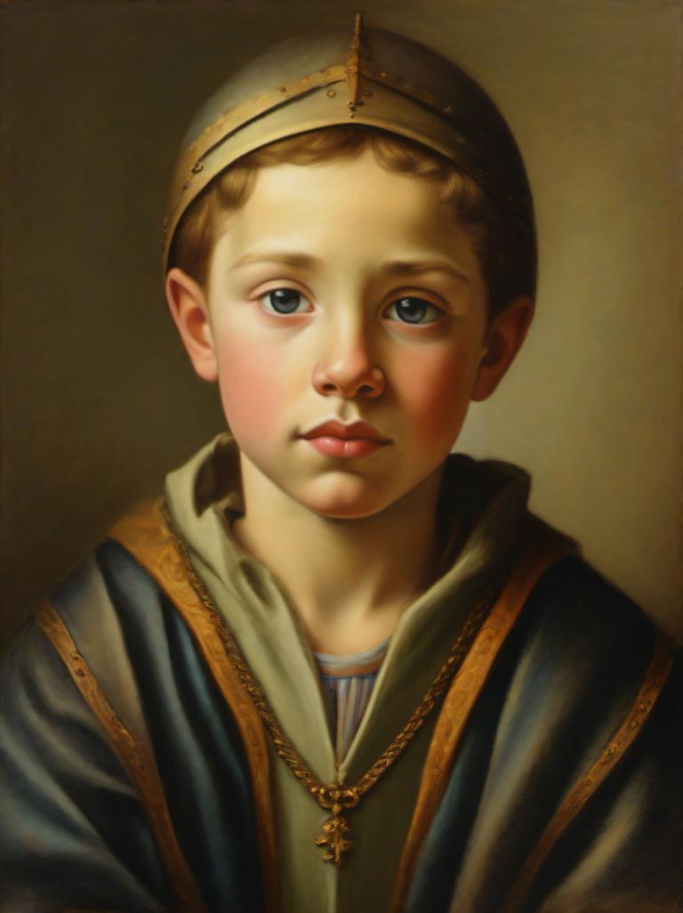 Arc Csere, Classical Portrait, Pastel, People, medieval european boy, portrait, solo, realistic, blonde hair, male focus, fine art parody, blue eyes, 1boy, jewelry, necklace, looking at viewer, hat, parody, upper body, lips