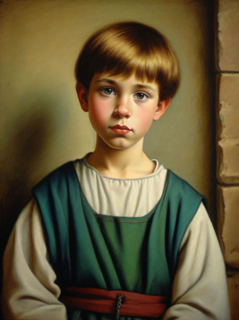 Pastel,Pastel, People, medieval european boy, portrait, solo, brown hair, looking at viewer, male focus, 1boy