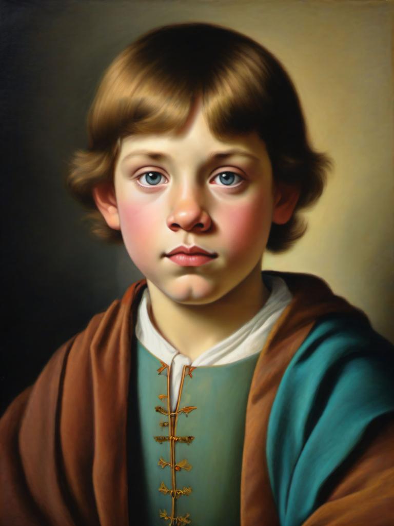 Pastel,Pastel, People, medieval european boy, portrait, solo, blue eyes, brown hair, realistic, male focus