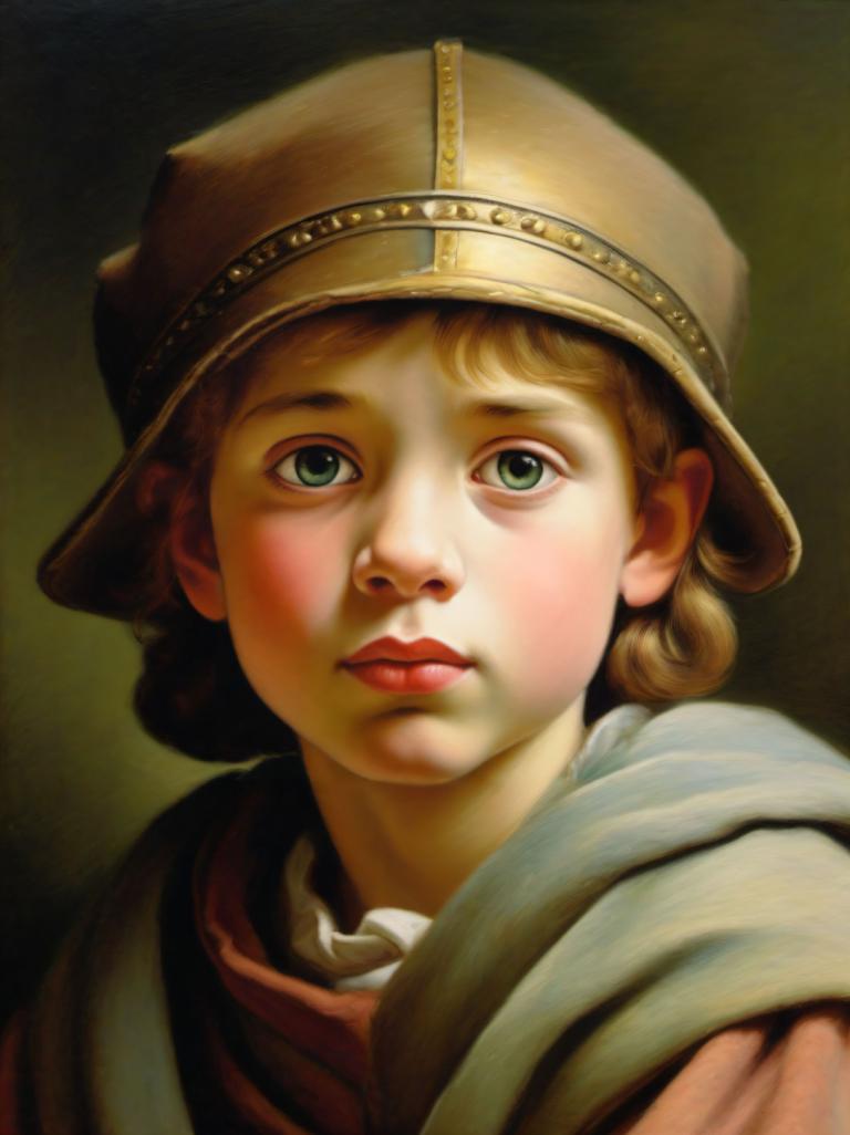 Pastel,Pastel, People, medieval european boy, portrait, solo, realistic, 1girl, green eyes, blonde hair, hat