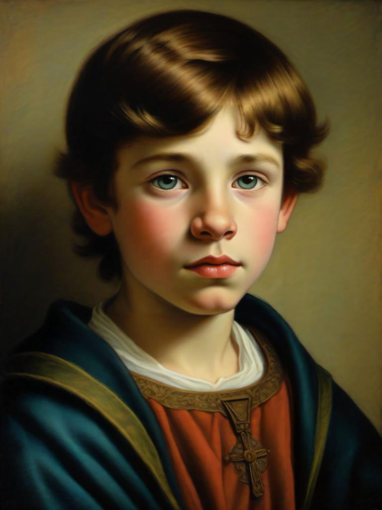 Pastel,Pastel, People, medieval european boy, portrait, solo, brown hair, realistic, male focus, 1boy