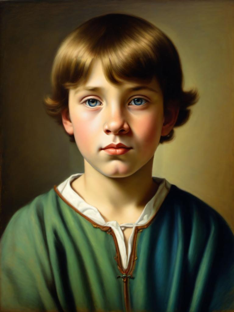 Pastel,Pastel, People, medieval european boy, portrait, solo, blue eyes, brown hair, looking at viewer