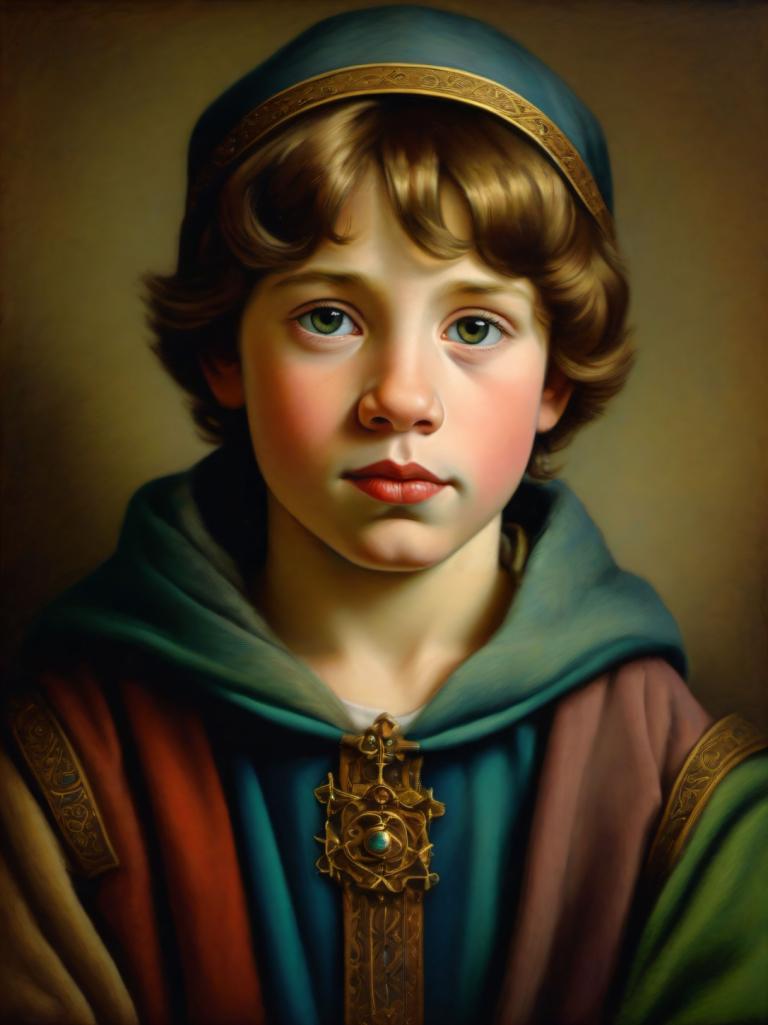 Pastel,Pastel, People, medieval european boy, portrait, solo, male focus, realistic, 1boy, green eyes