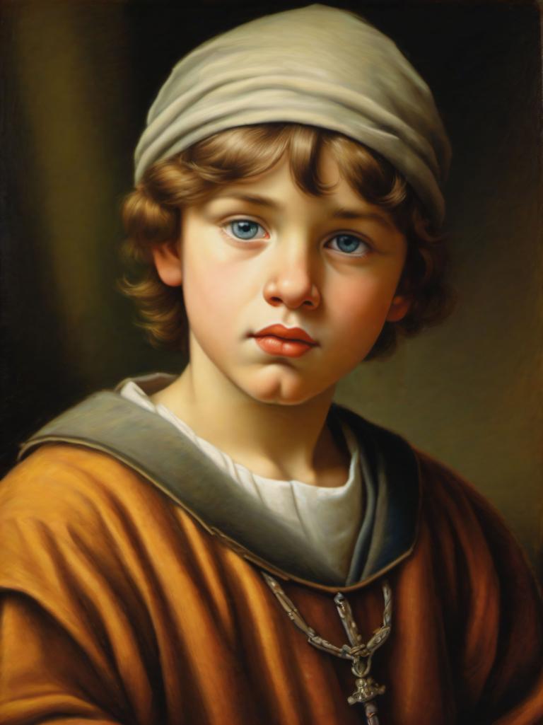 Pastel,Pastel, People, medieval european boy, portrait, solo, 1girl, blue eyes, realistic, fine art parody