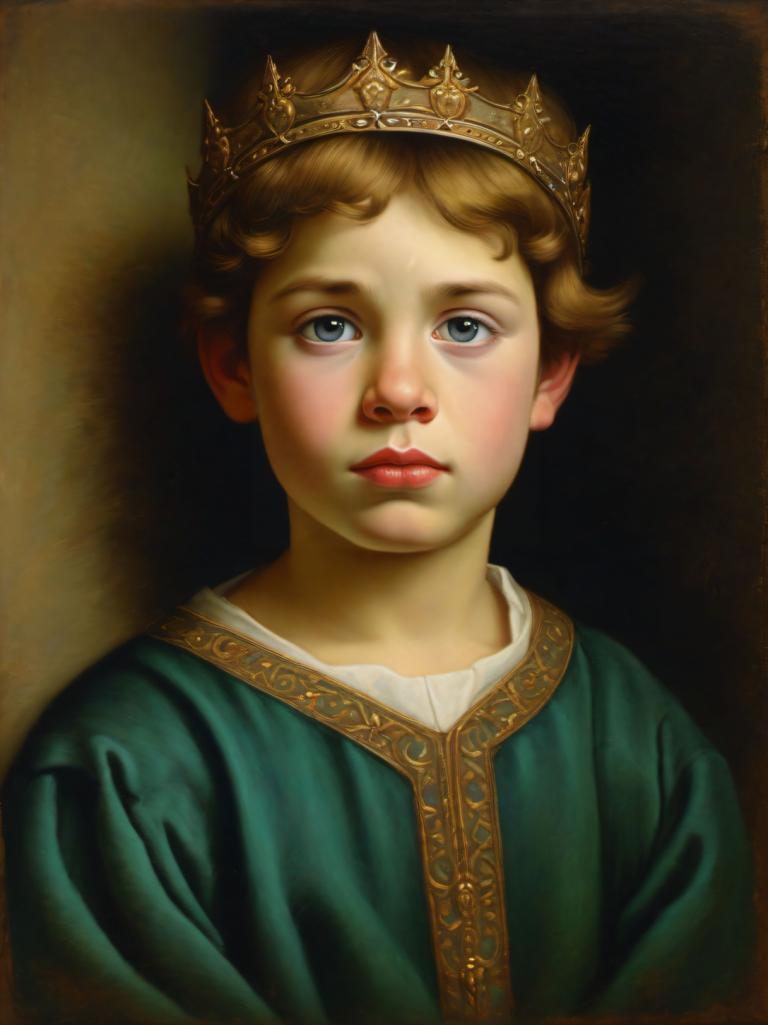 Pastel,Pastel, People, medieval european boy, portrait, solo, fine art parody, blue eyes, blonde hair, crown