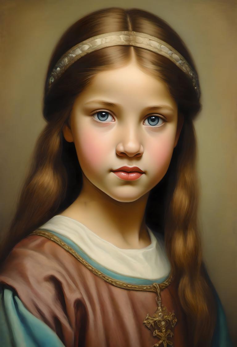 Pastel,Pastel, People, medieval european girl, portrait, 1girl, solo, realistic, blue eyes, brown hair