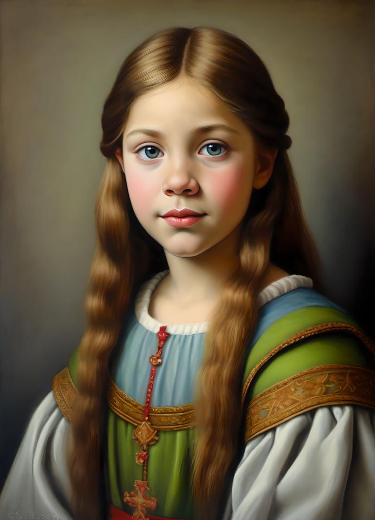 Pastel,Pastel, People, medieval european girl, portrait, 1girl, solo, long hair, brown hair, realistic