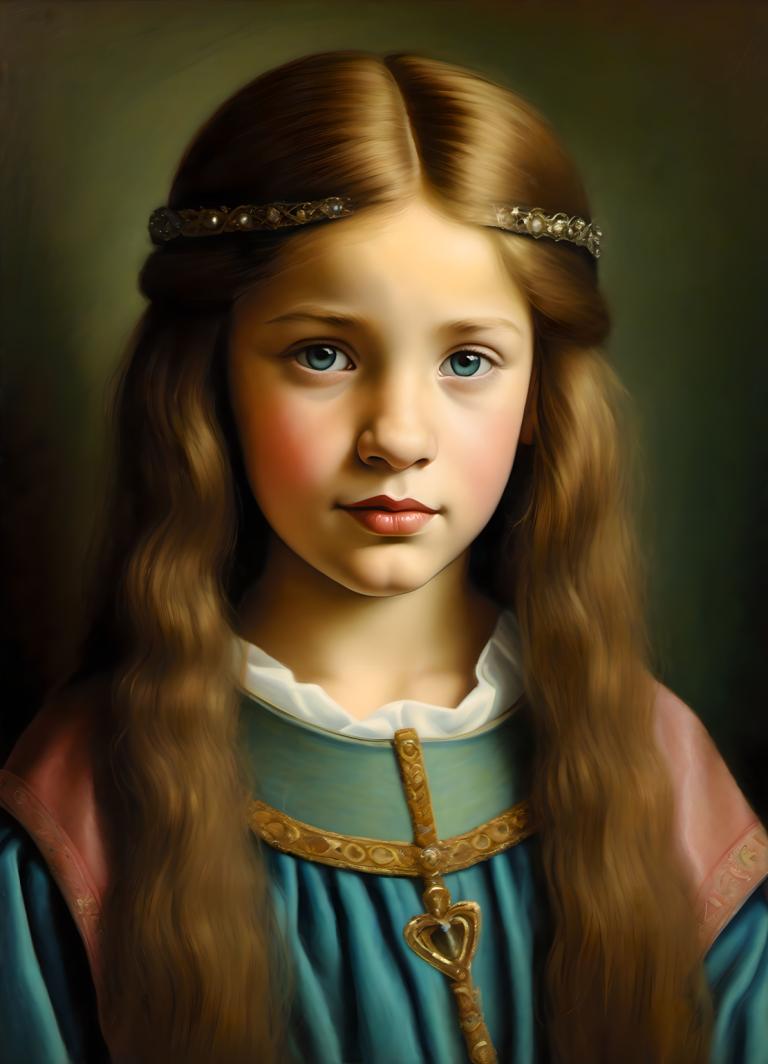 Pastel,Pastel, Gente, chica medieval europea, retrato, 1 chica, solo, realista, pelo largo, ojos azules