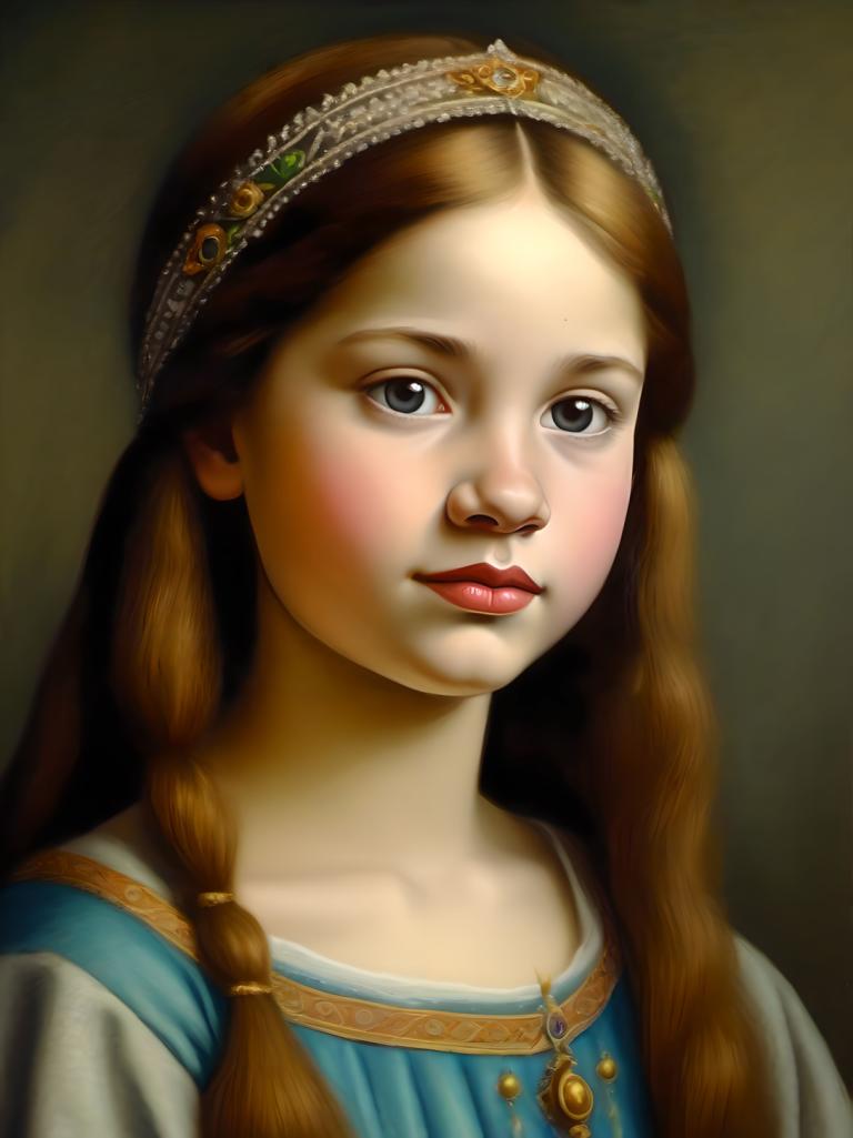 Pastel,Pastel, People, medieval european girl, portrait, 1girl, solo, realistic, brown hair, long hair, braid