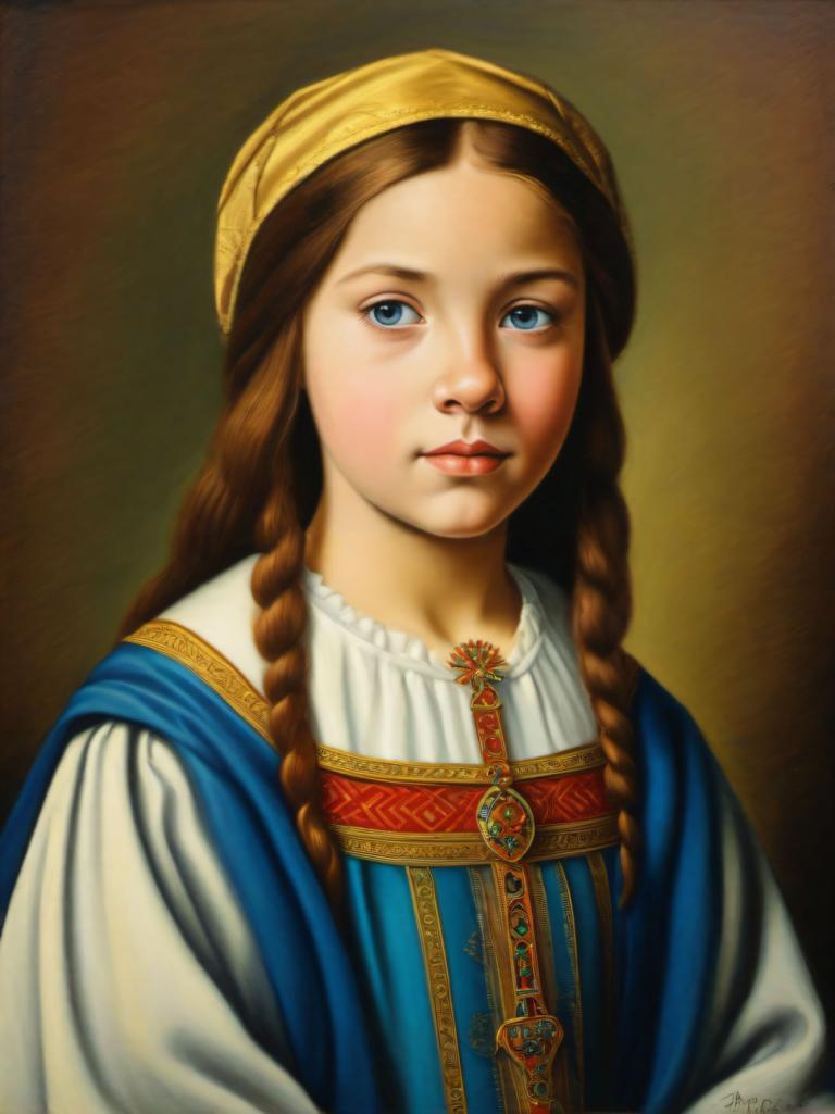 Arc Csere, Classical Portrait, Pastel, People, medieval european girl, portrait, 1girl, solo, realistic, braid, blue eyes, brown hair, long hair, twin braids, fine art parody, upper body, lips, looking at viewer, brown background, parody, closed mouth