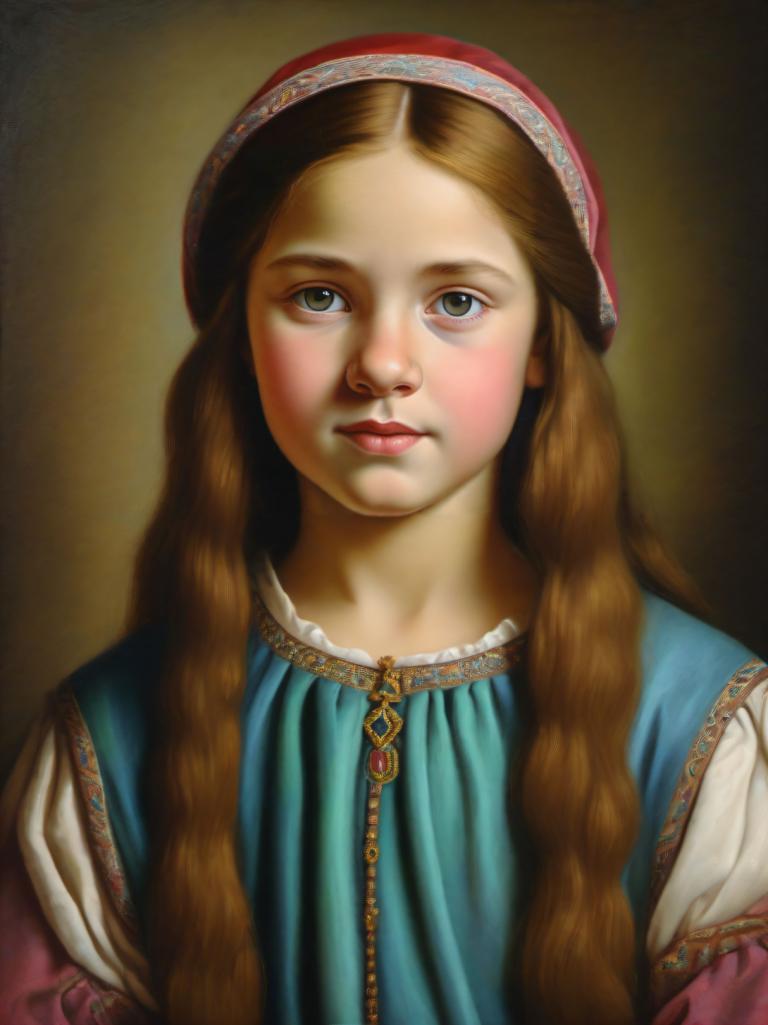 Pastel,Pastel, Oameni, fată europeană medievală, portret, 1 fata, solo, realist, par lung, păr șaten