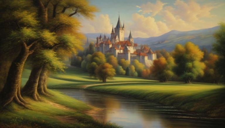 Pastel,Pastel, Nature, medieval european landscape, no humans, tree, scenery, outdoors, cloud, sky, castle