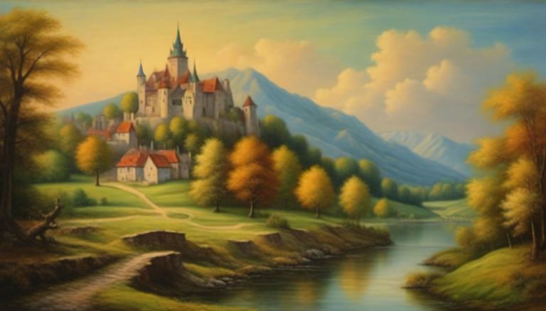 Pastel,Pastel, Nature, medieval european landscape, scenery, tree, outdoors, no humans, sky, cloud, castle