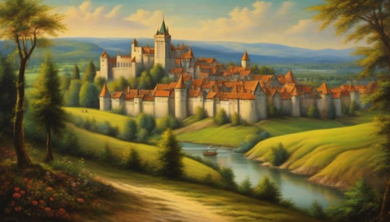 Pastel,Pastel, Natură, peisaj medieval european, nici oameni, decor, copac, în aer liber, nor, cer, castel