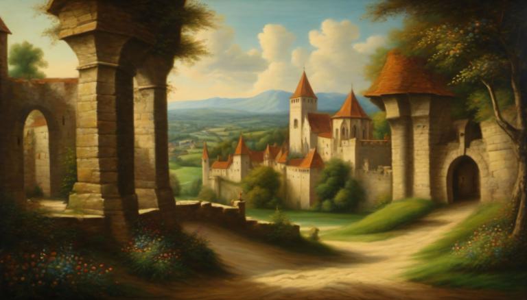 Pastel,Pastel, Natură, peisaj medieval european, decor, copac, nici oameni, nor, cer, în aer liber, zi