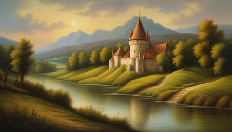 Pastel,Pastel, Natură, peisaj medieval european, nici oameni, decor, copac, în aer liber, nor, cer, Munte