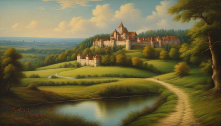 Pastel,Pastel, Nature, medieval european landscape, no humans, scenery, tree, cloud, outdoors, sky, water