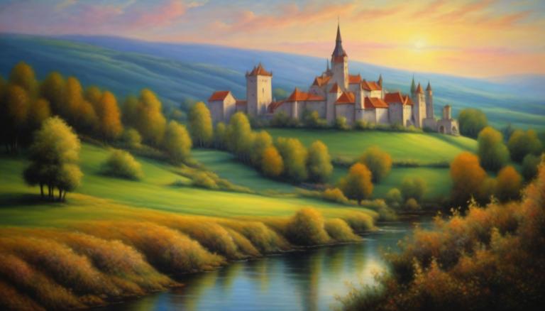 Pastel,Pastel, Natură, peisaj medieval european, nici oameni, decor, copac, în aer liber, castel, cer, natură