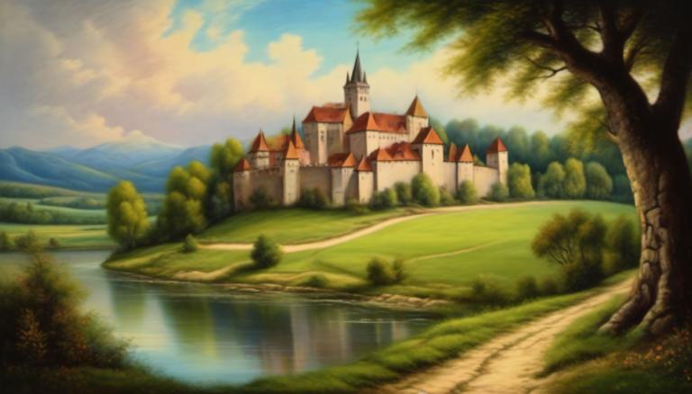 Pastel,Pastel, Nature, medieval european landscape, no humans, scenery, tree, cloud, outdoors, sky, day