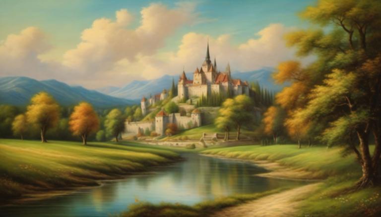 Pastel,Pastel, Nature, medieval european landscape, no humans, scenery, tree, outdoors, cloud, sky, day