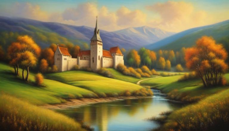 Pastel,Pastel, Nature, medieval european landscape, no humans, scenery, outdoors, tree, sky, cloud, castle