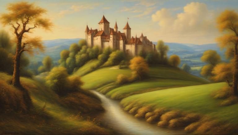 Pastel,Pastel, Nature, medieval european landscape, no humans, scenery, tree, outdoors, cloud, sky, castle