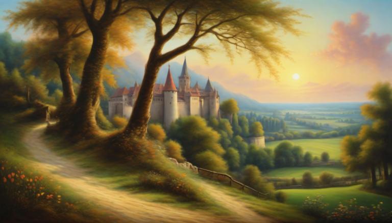 Pastel,Pastel, Nature, medieval european landscape, no humans, tree, scenery, outdoors, sky, cloud, castle