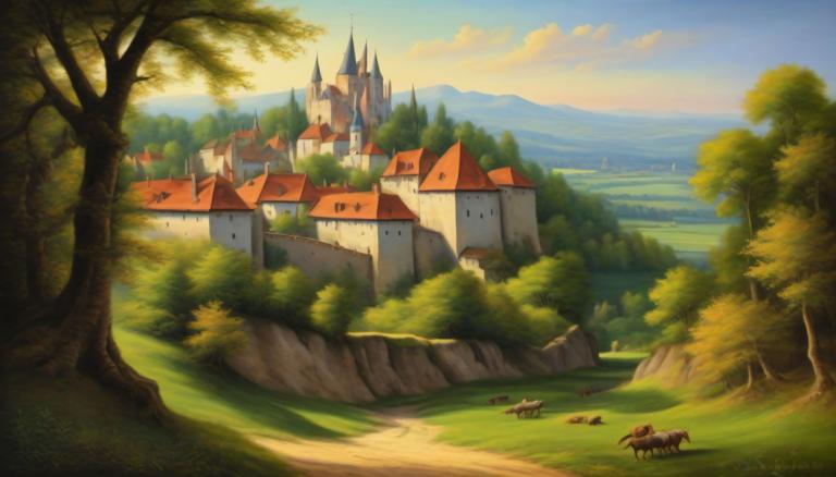 Pastel,Pastel, Nature, medieval european landscape, tree, scenery, no humans, outdoors, sky, cloud, house