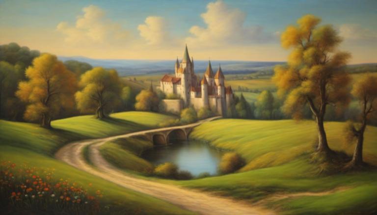 Pastel,Pastel, Nature, medieval european landscape, no humans, tree, scenery, outdoors, cloud, sky, castle