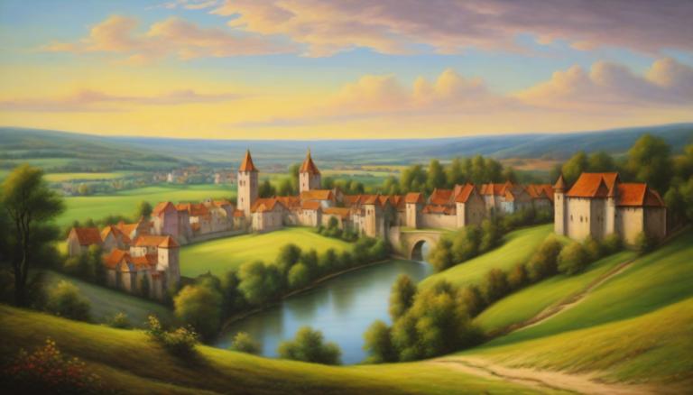 Pastell,Pastell, Natur, mittelalterliche europäische Landschaft, keine Menschen, Landschaft, draußen, Wolke