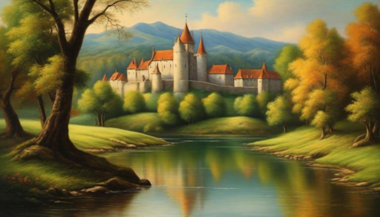 Pastel,Pastel, Nature, medieval european landscape, no humans, tree, scenery, outdoors, sky, cloud, water