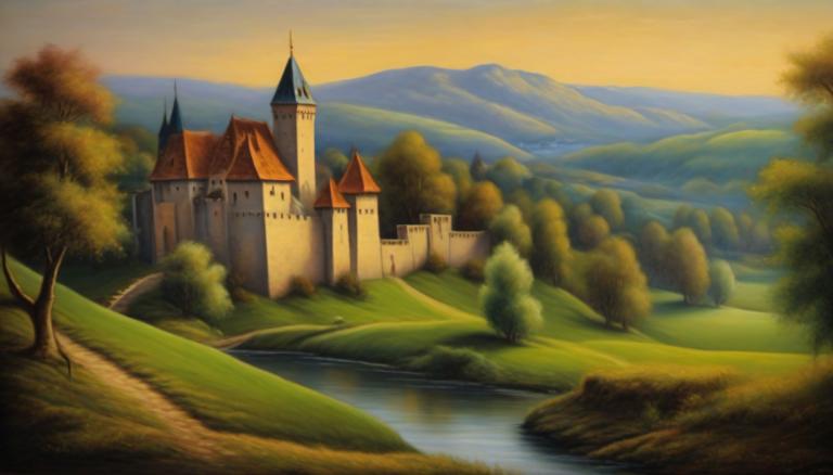 Pastel,Pastel, Natură, peisaj medieval european, nici oameni, decor, copac, în aer liber, râu, Munte, castel