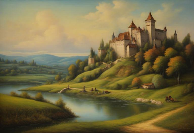 Pastel,Pastel, Natură, peisaj medieval european, decor, copac, în aer liber, nor, râu, castel, cer, apă