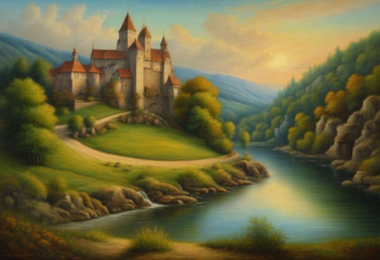 Pastel,Pastel, Naturaleza, paisaje medieval europeo, no humanos, escenario, al aire libre, nube, cielo, árbol