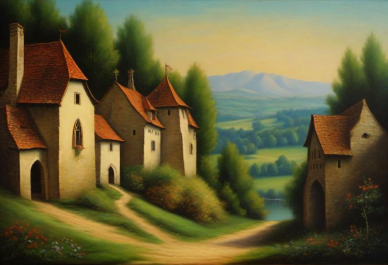 Pastel,Pastel, Naturaleza, paisaje medieval europeo, no humanos, escenario, al aire libre, árbol, casa