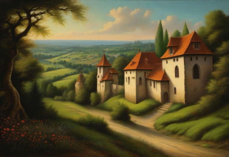 Pastel,Pastel, Naturaleza, paisaje medieval europeo, no humanos, escenario, árbol, al aire libre, cielo, nube