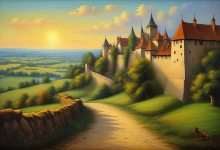 Pastel,Pastel, Naturaleza, paisaje medieval europeo, escenario, no humanos, al aire libre, nube, cielo, sol