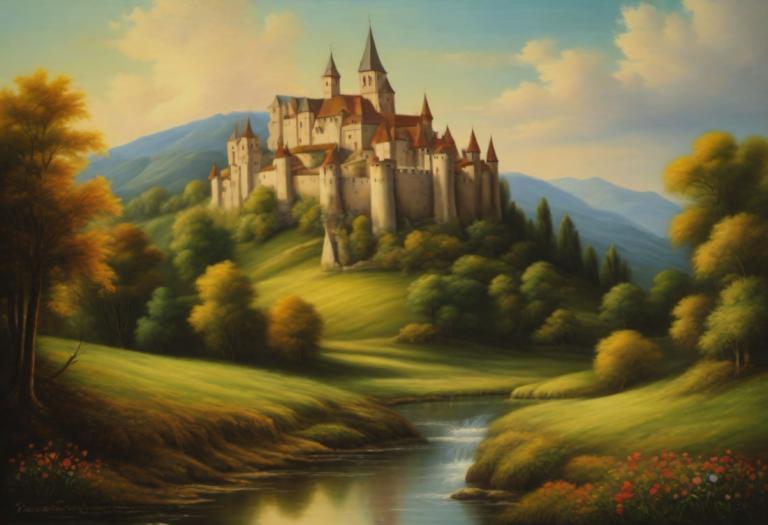 Pastel,Pastel, Natură, peisaj medieval european, decor, nici oameni, copac, în aer liber, cer, nor, castel