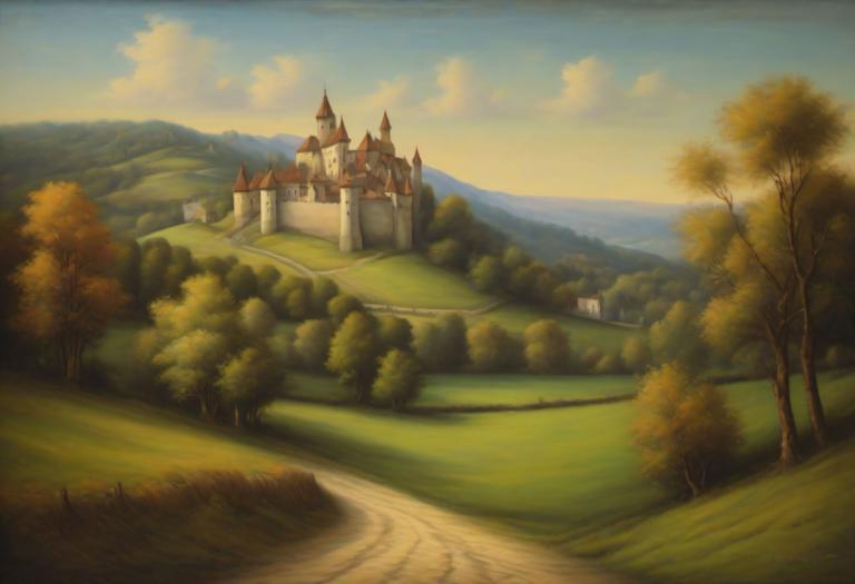 Pastel,Pastel, Nature, medieval european landscape, no humans, scenery, tree, outdoors, sky, cloud, castle