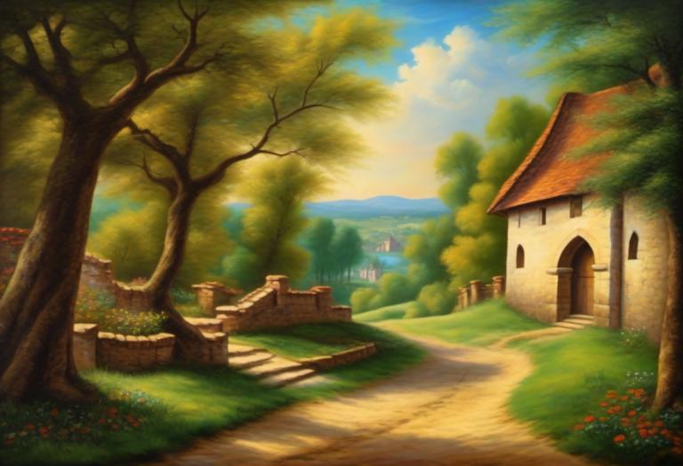 Pastel,Pastel, Naturaleza, paisaje medieval europeo, no humanos, árbol, escenario, al aire libre, cielo, nube