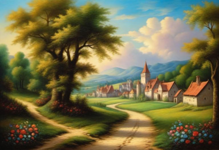 Pastell,Pastell, Natur, mittelalterliche europäische Landschaft, keine Menschen, Baum, Landschaft, draußen