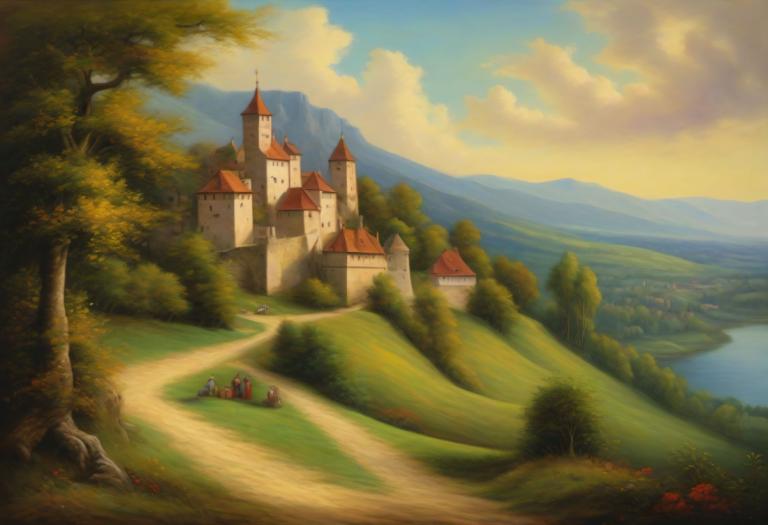 Pastel,Pastel, Naturaleza, paisaje medieval europeo, escenario, árbol, nube, al aire libre, cielo, naturaleza