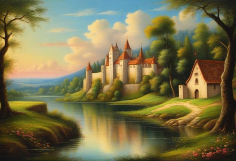 Pastel,Pastel, Nature, medieval european landscape, no humans, scenery, tree, cloud, sky, outdoors, water