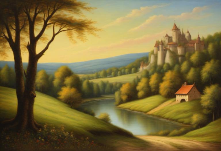 Pastel,Pastel, Nature, medieval european landscape, no humans, scenery, tree, outdoors, sky, cloud, castle